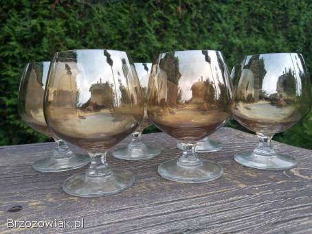 Kieliszek duży koniakówka szkło iryzowane opalizujące miodowe PRL vintage zestaw
