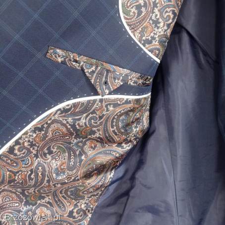 Garnitur spodnie marynarka w kratę granatowy na ślub na koumnię na wesele modny