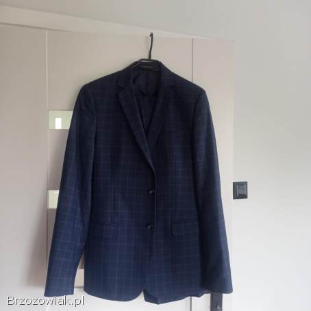 Garnitur spodnie marynarka w kratę granatowy na ślub na koumnię na wesele modny